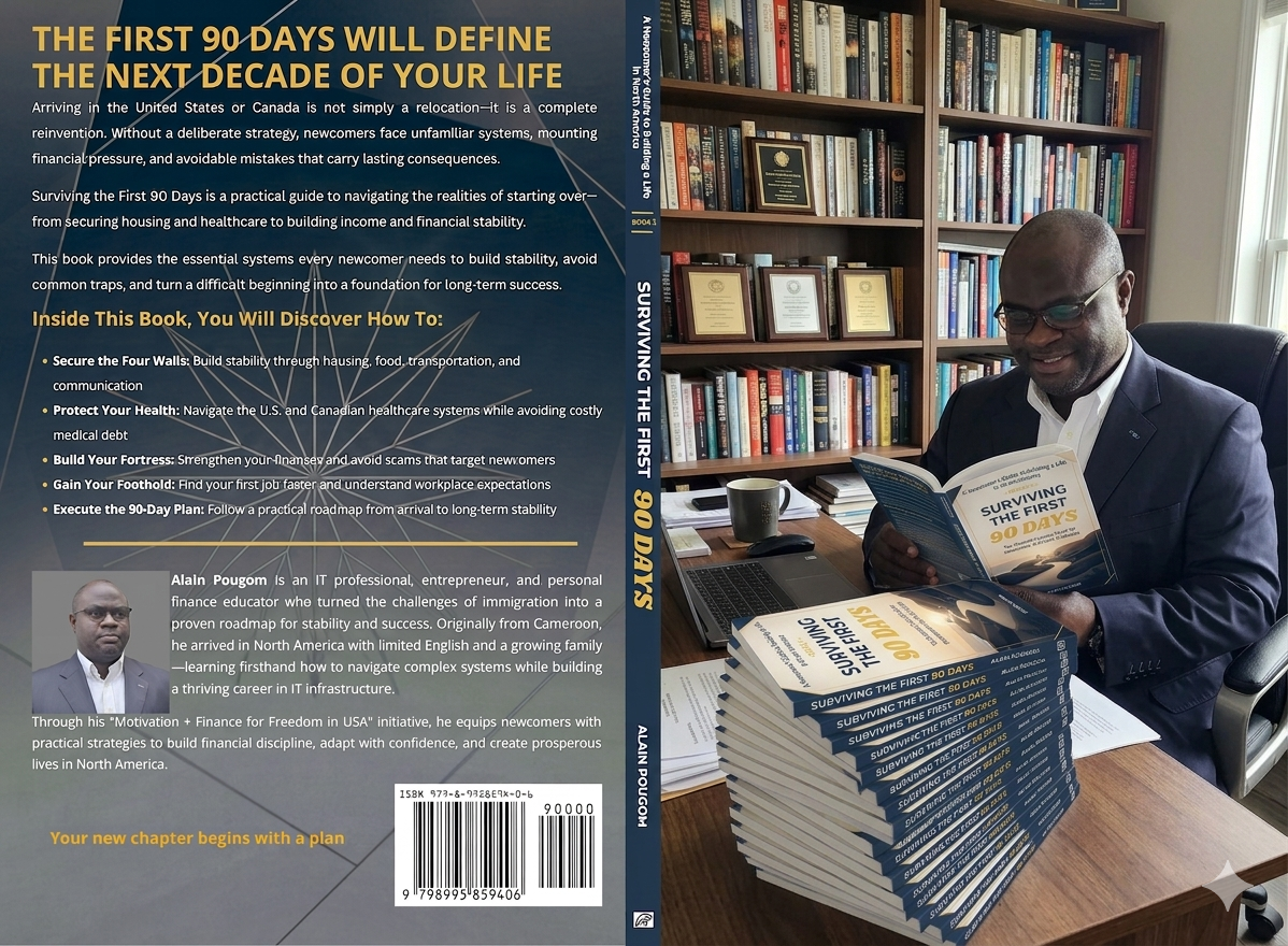 Alain Pougom with his book Surviving the First 90 Days